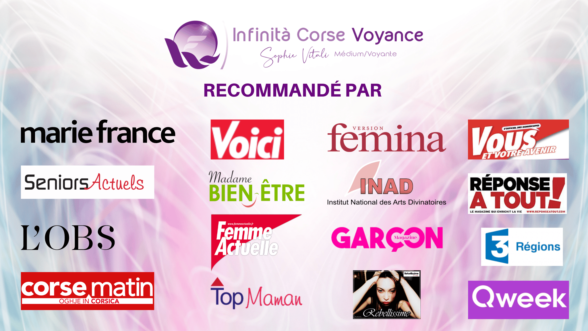 Infinità Corse Voyance et Sophie Vitali recommandés par les médias pour ses consultations de voyance sans CB sérieuse, fiable et de qualité